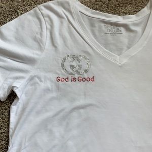 Tee with rhinestone “God is good decor”